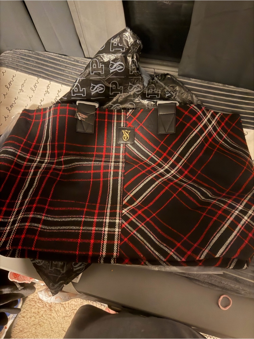 Victoria's Secret Black Red Plaid Tote Bag
